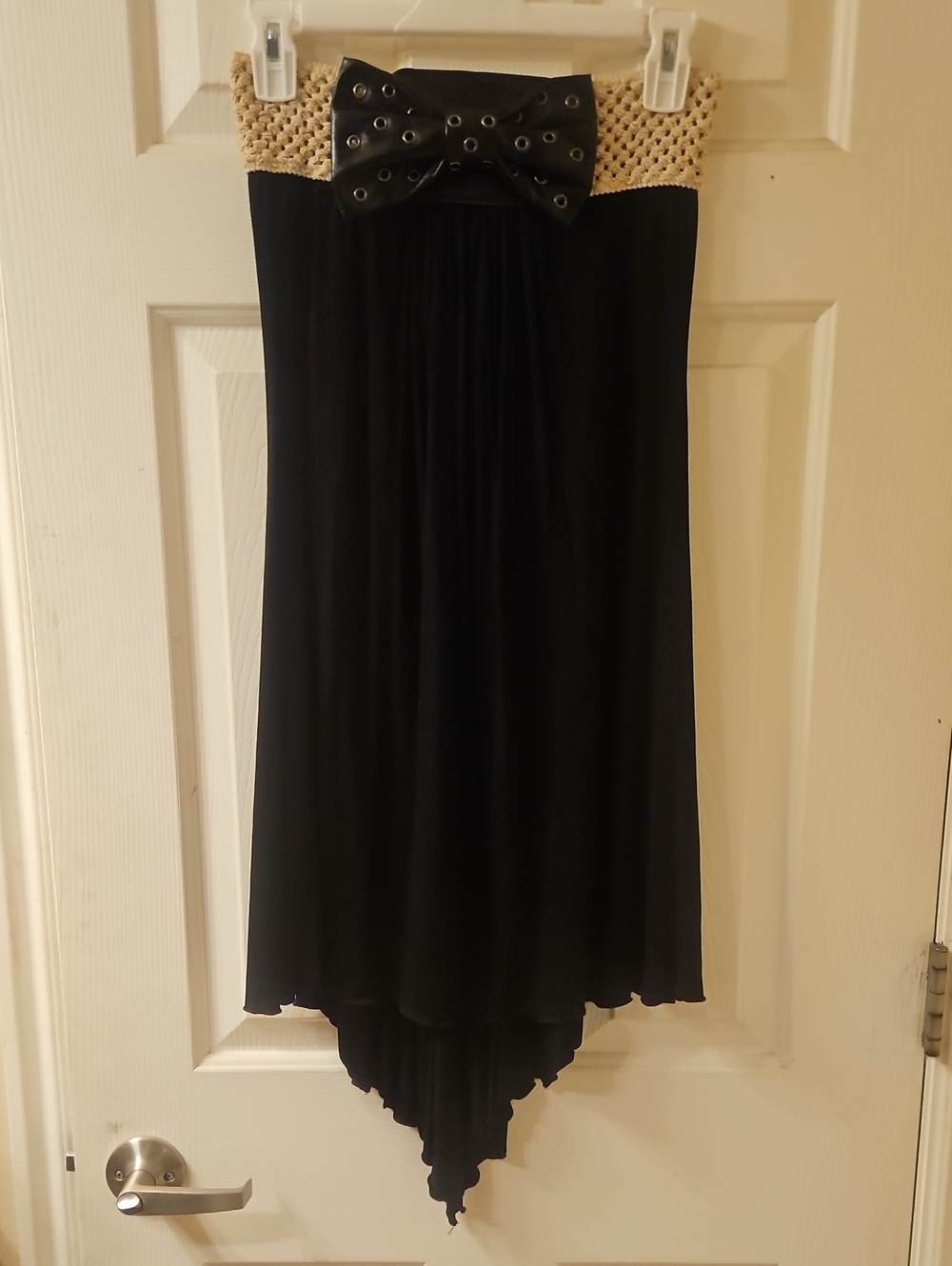 Strapless Black High-Low Dress with Cream Crochet Top and Grommet Bow
